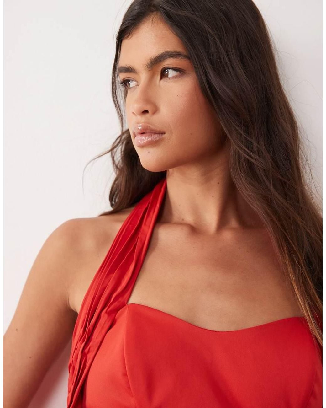 ARRANGE Red Structu Halter Maxi Dress With Train Back