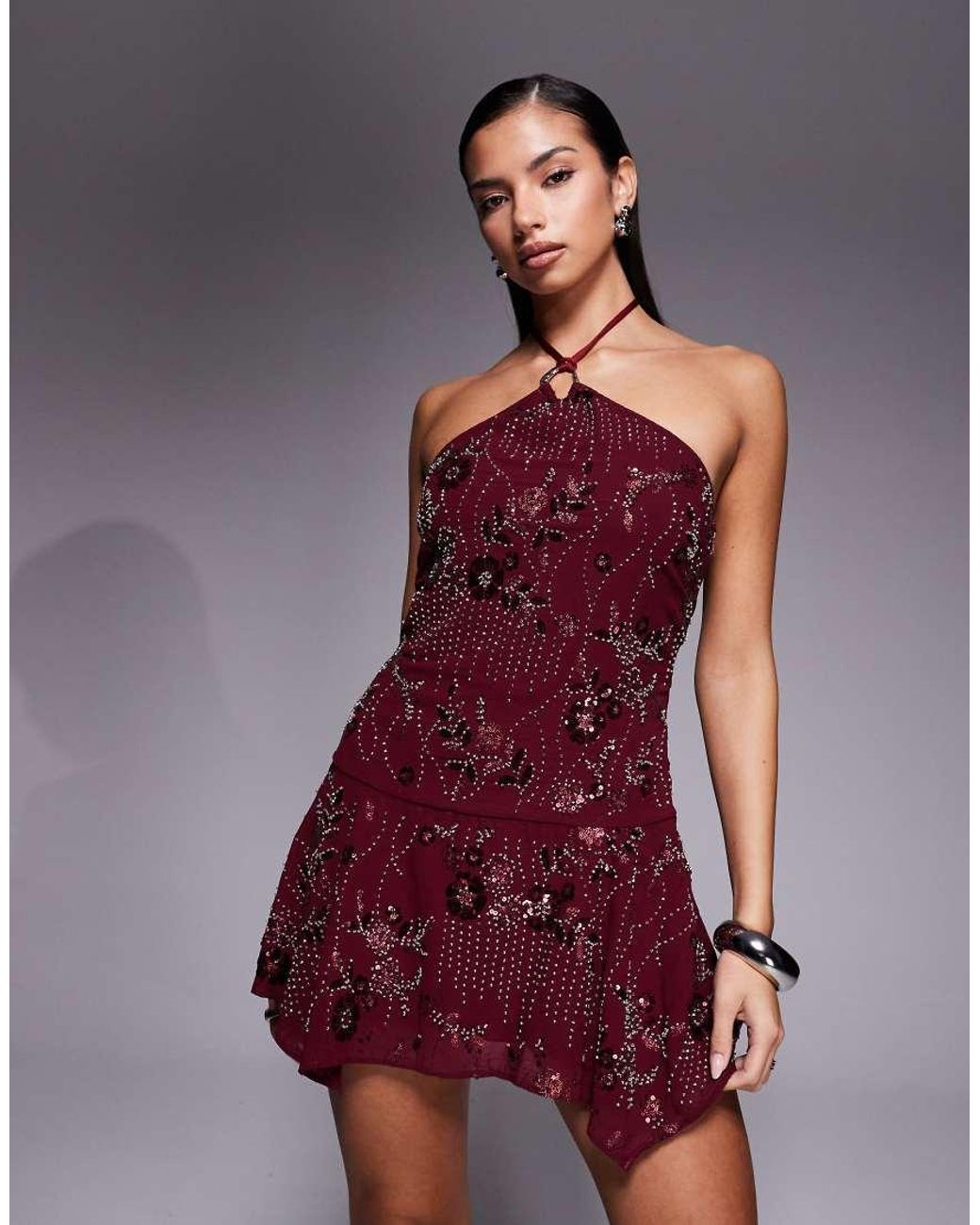 edikted adria bead & sequin mini dress in Red sequin mini dress in