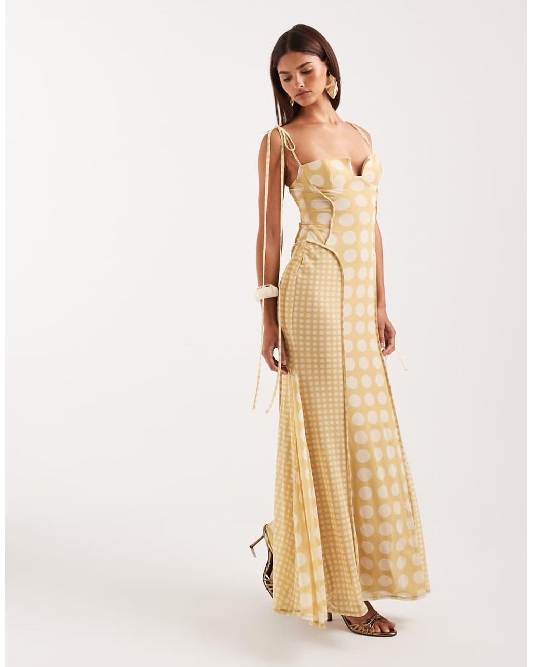 ASOS Natural Printed Mesh Exposed Seam Sculpted Cupped Maxi Dress