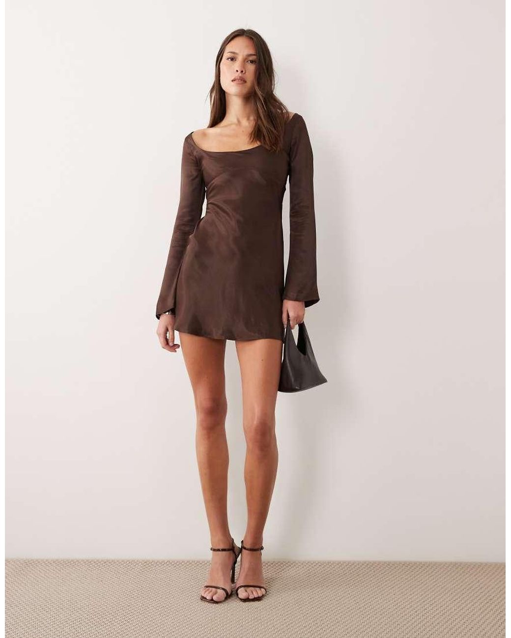 ASOS Brown Satin Bodice Mini Dress With Flared Sleeves