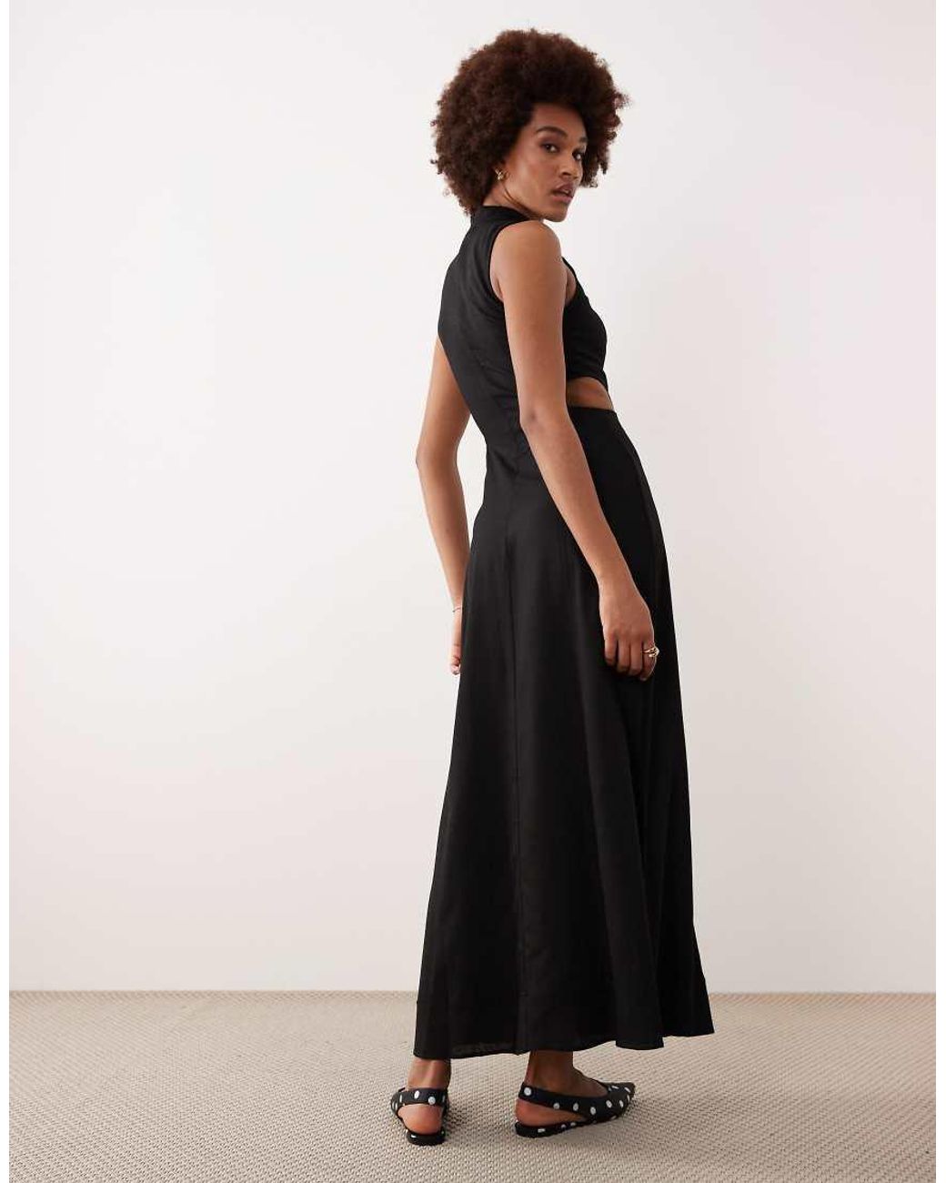 ASOS Black Asos Design Tall High Neck Linen Look Midaxi Dress With Cutout Waist