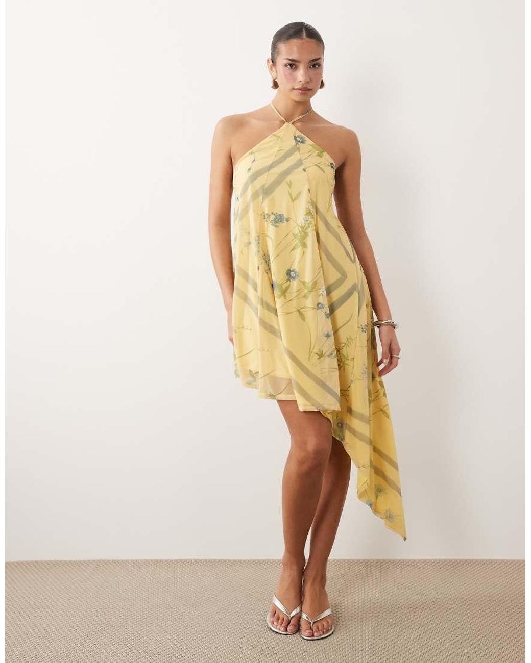 ASOS Natural Stretch Chiffon Asymmetric Floral Mini Dress With Godets