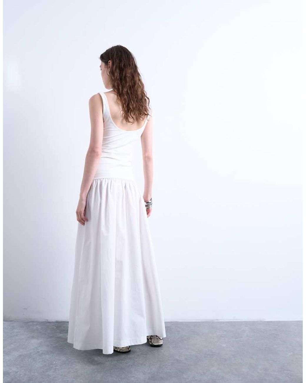 TOPSHOP White Poplin Mix Scoop Neck Maxi Dress