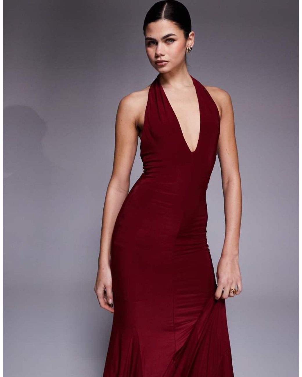 Fashionkilla Red Exclusive Double Sculpted Slinky Plunge Halterneck Godet Hem Maxi Dress