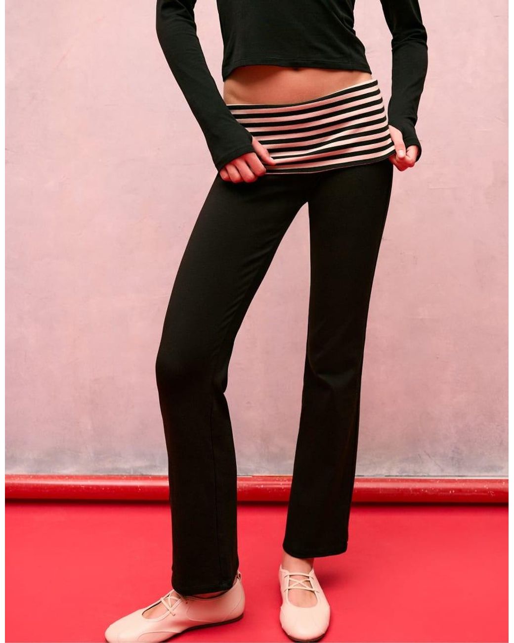 Stradivarius Black Turn-down Waist Bell Bottom leggings