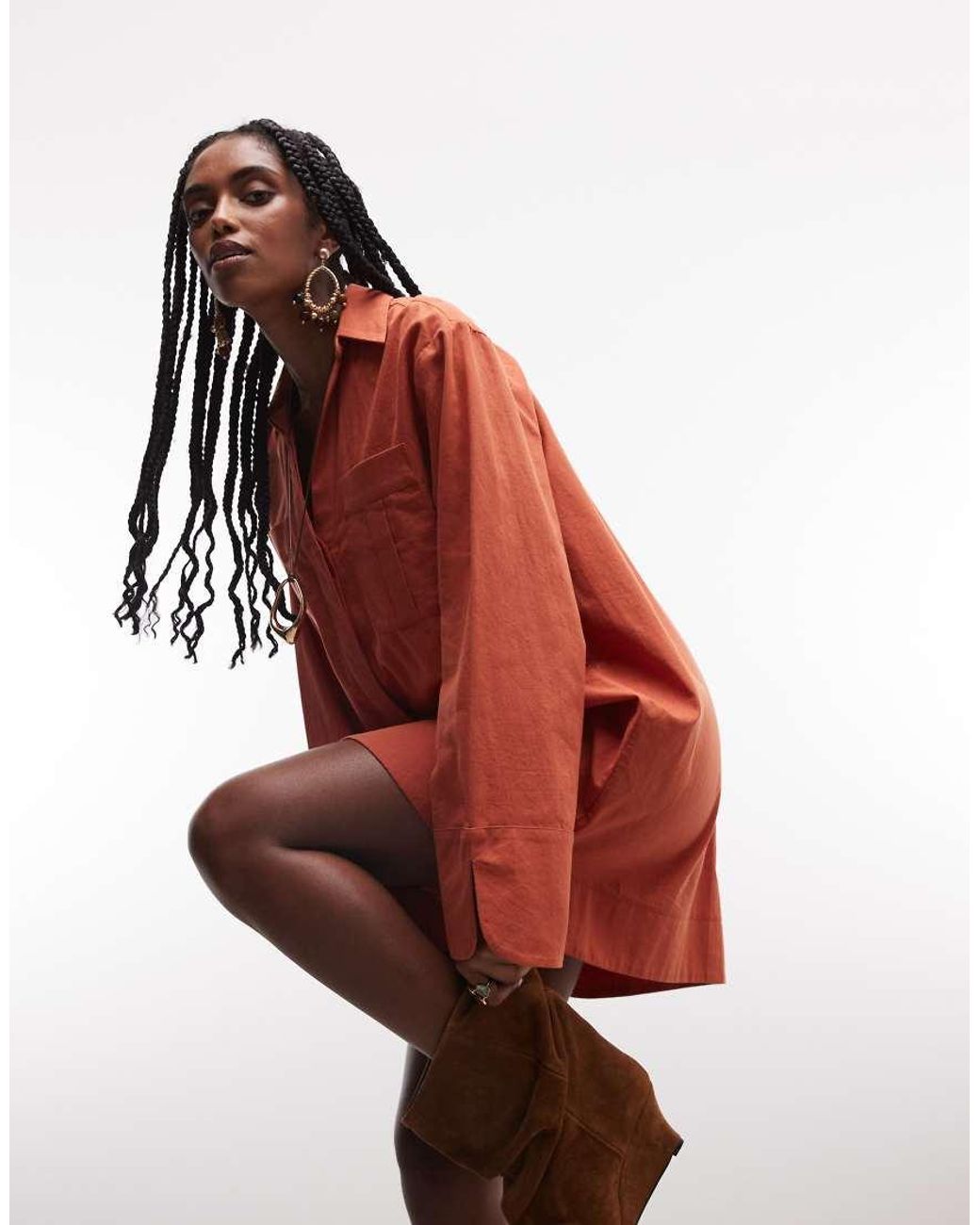 ASOS Red Cotton Linen Mini Shirt Dress With Wide Cuffs And Oversized Pockets
