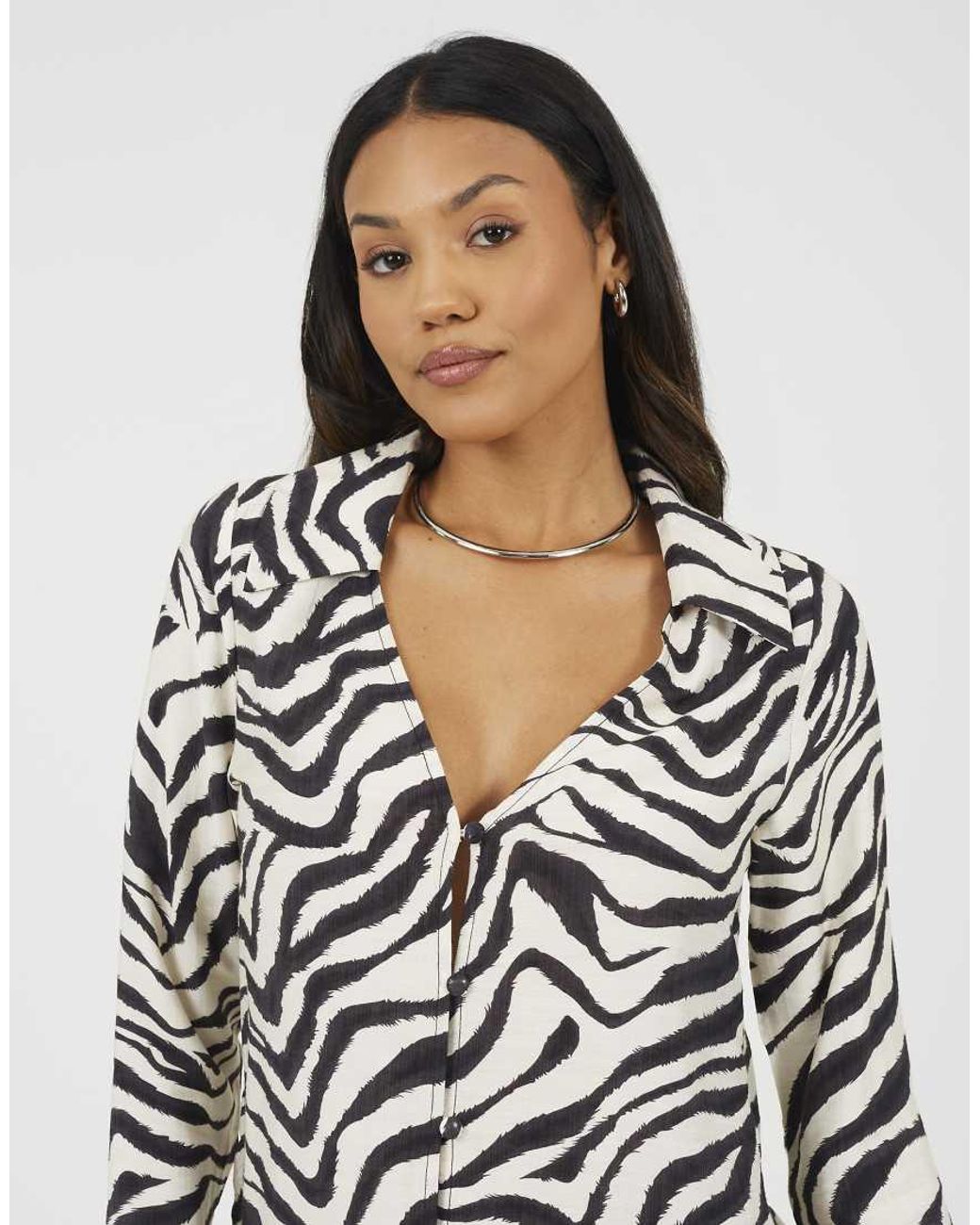 Brave Soul White Zebra Print Long Sleeve Collared Blouse