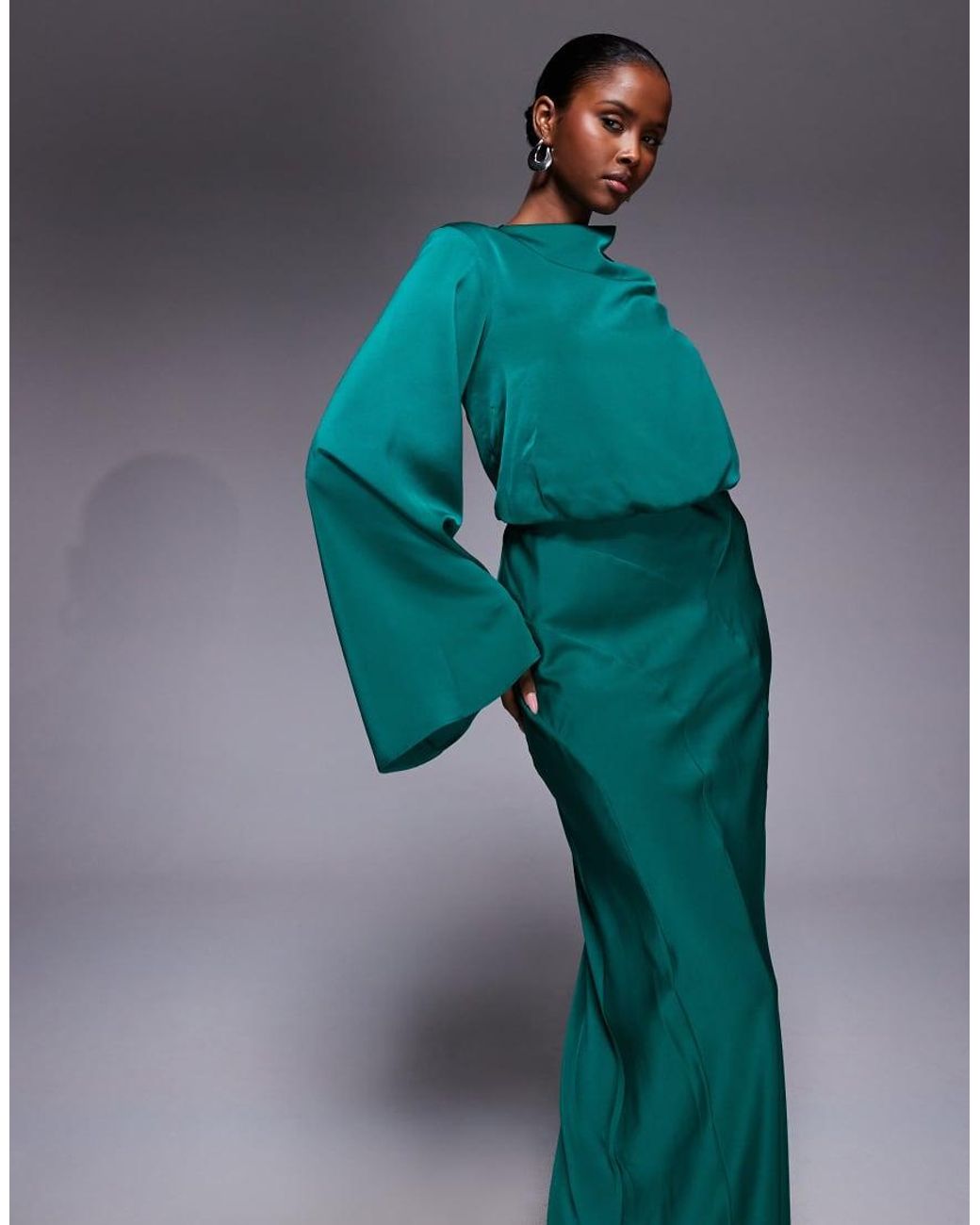 ASOS Green Satin Blouson Bodice Long Sleeve Maxi Dress