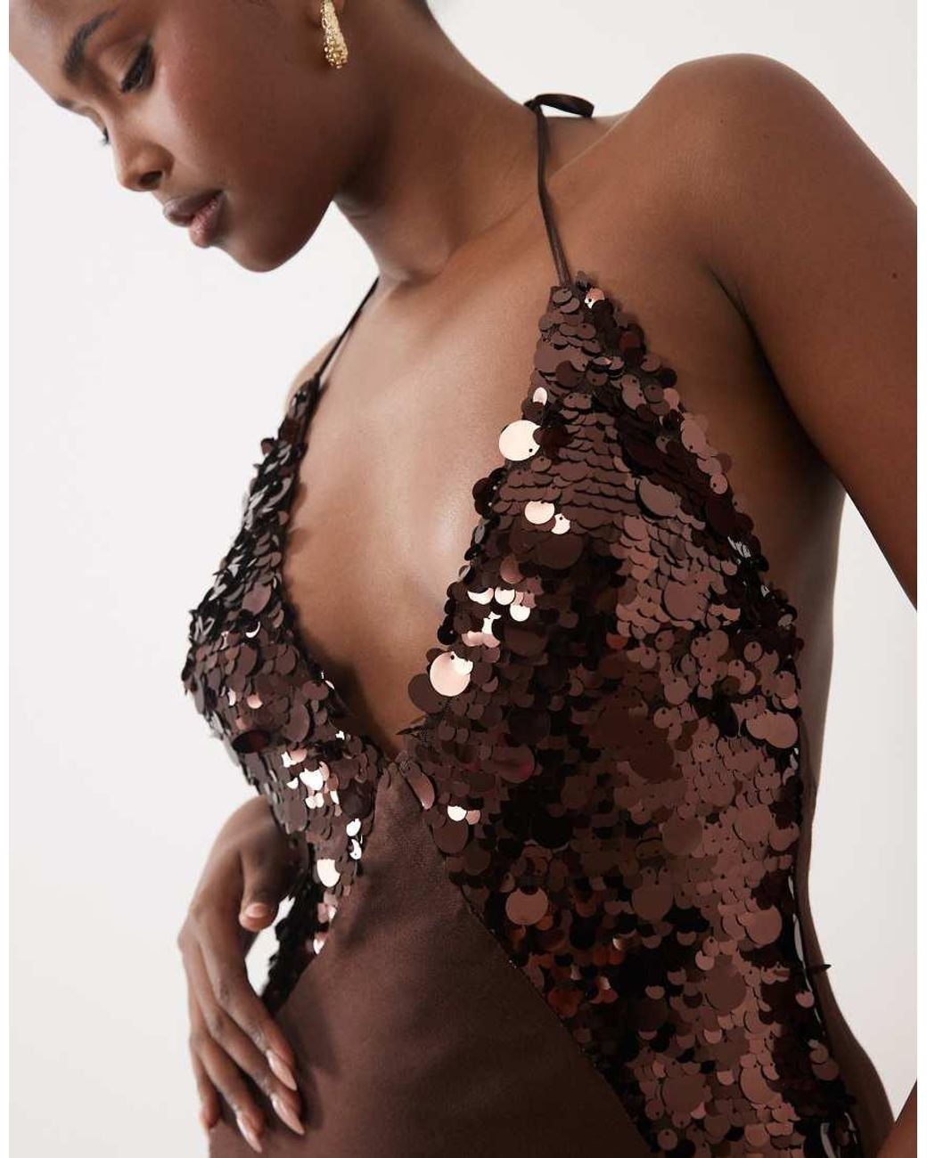 Bardot Brown Sequin Cami Halter Neck Open Back Split Detail Maxi Dress