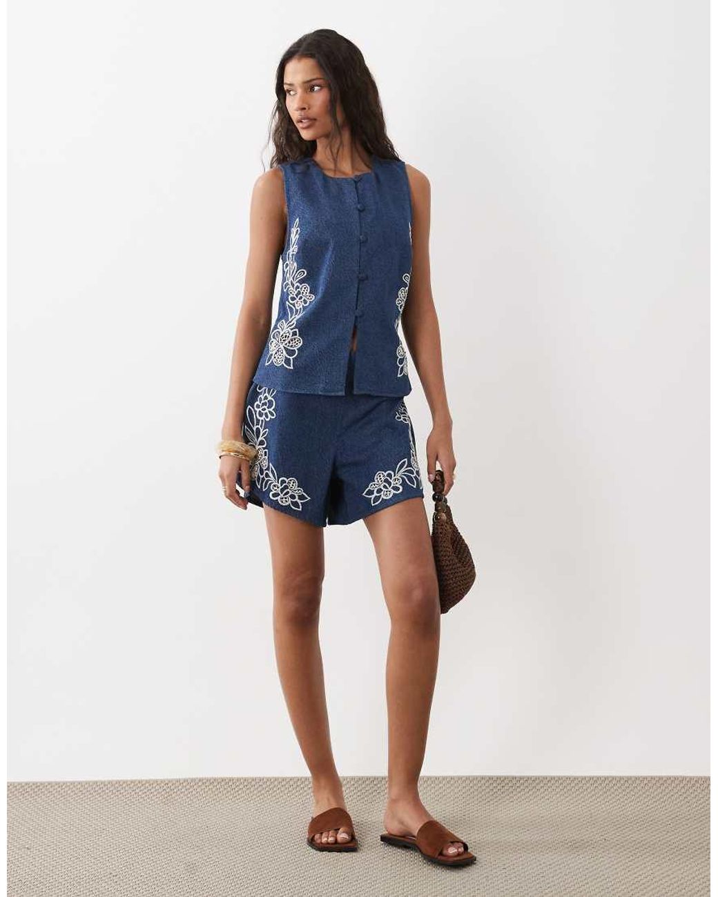 ASOS Blue Denim Short With Cutwork Detail