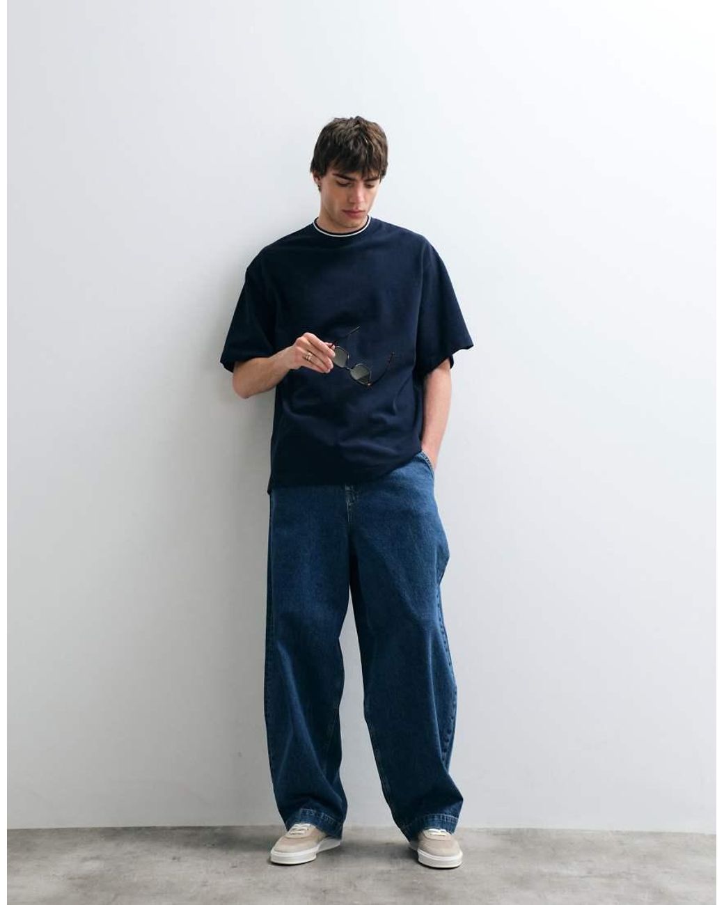 ASOS COLLECTIVE Blue Heavyweight Relaxed Pique T-shirt With Tipping for men