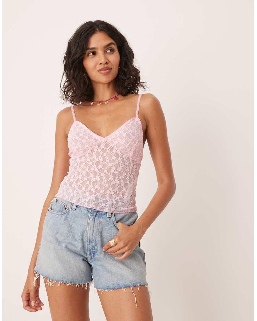 ASOS Pink Lettuce Hem Lace Cami Top
