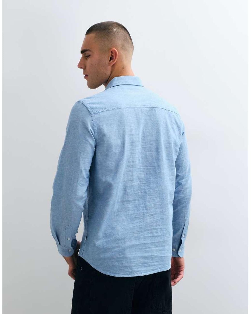 Blend Blue Cotton-linen Regular Fit Long Sleeve Shirt for men