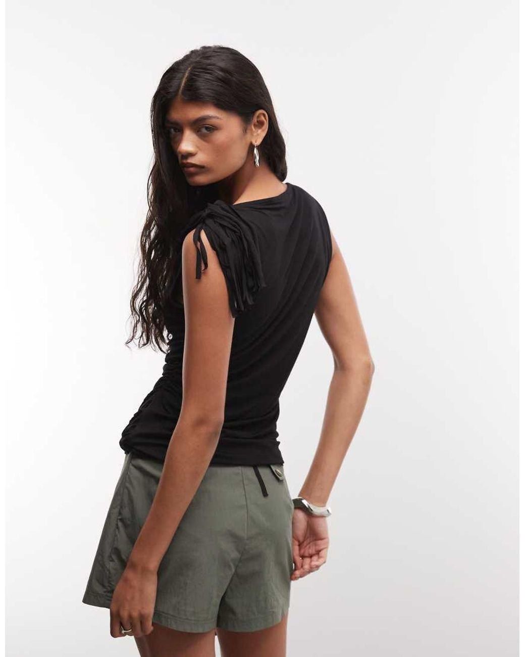 ASOS Black Fringing Detail Ruched Tank Top