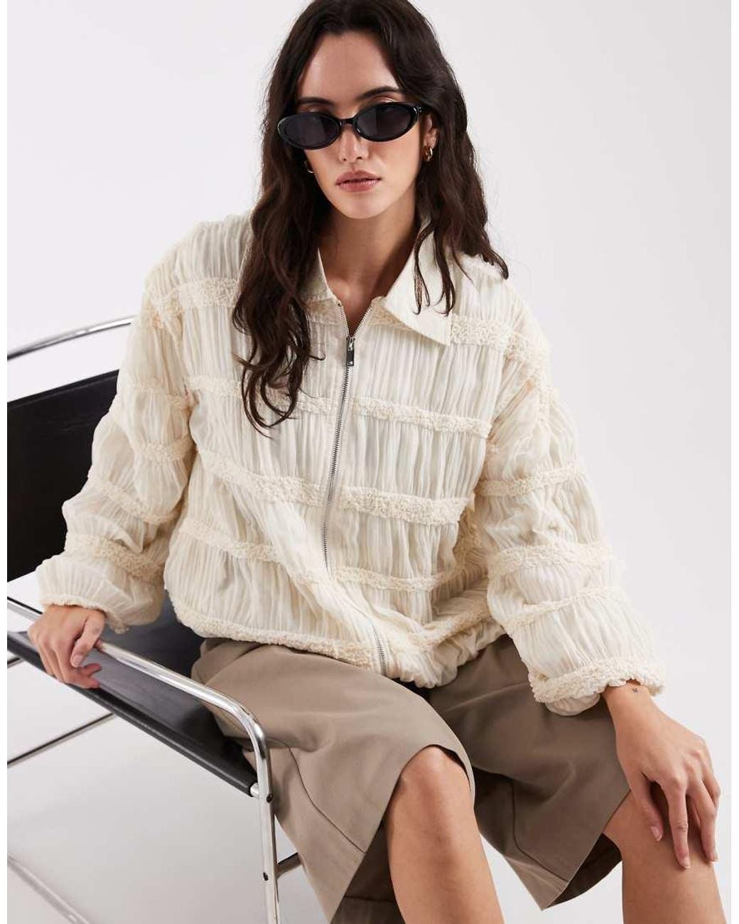 laagam Natural Kiara Textured Bomber Jacket