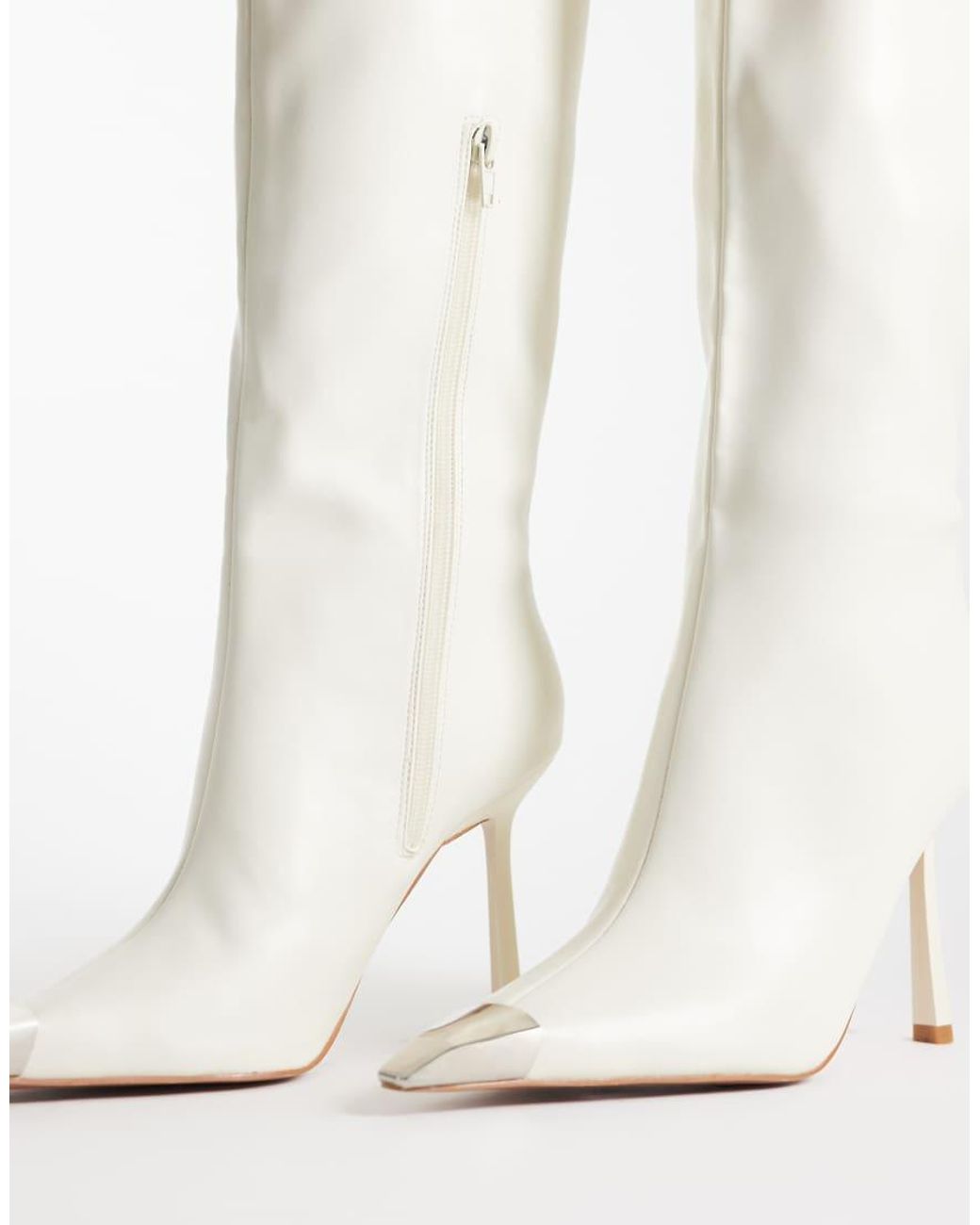 Public Desire White Radiate Stiletto Heel Knee Boots With Pointed Metal Toe