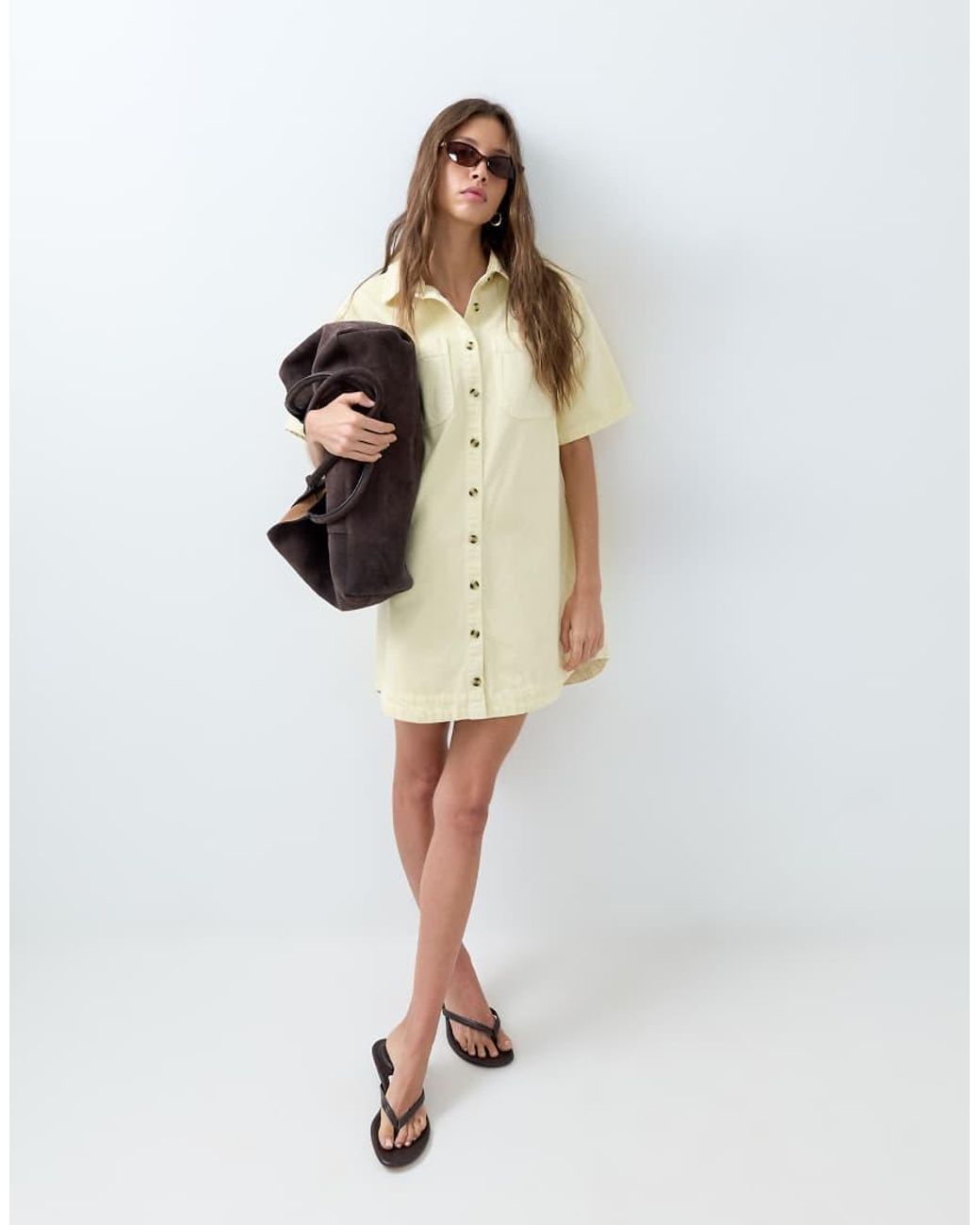 ASOS Natural Denim Boxy Shirt Dress With Pocket Detail