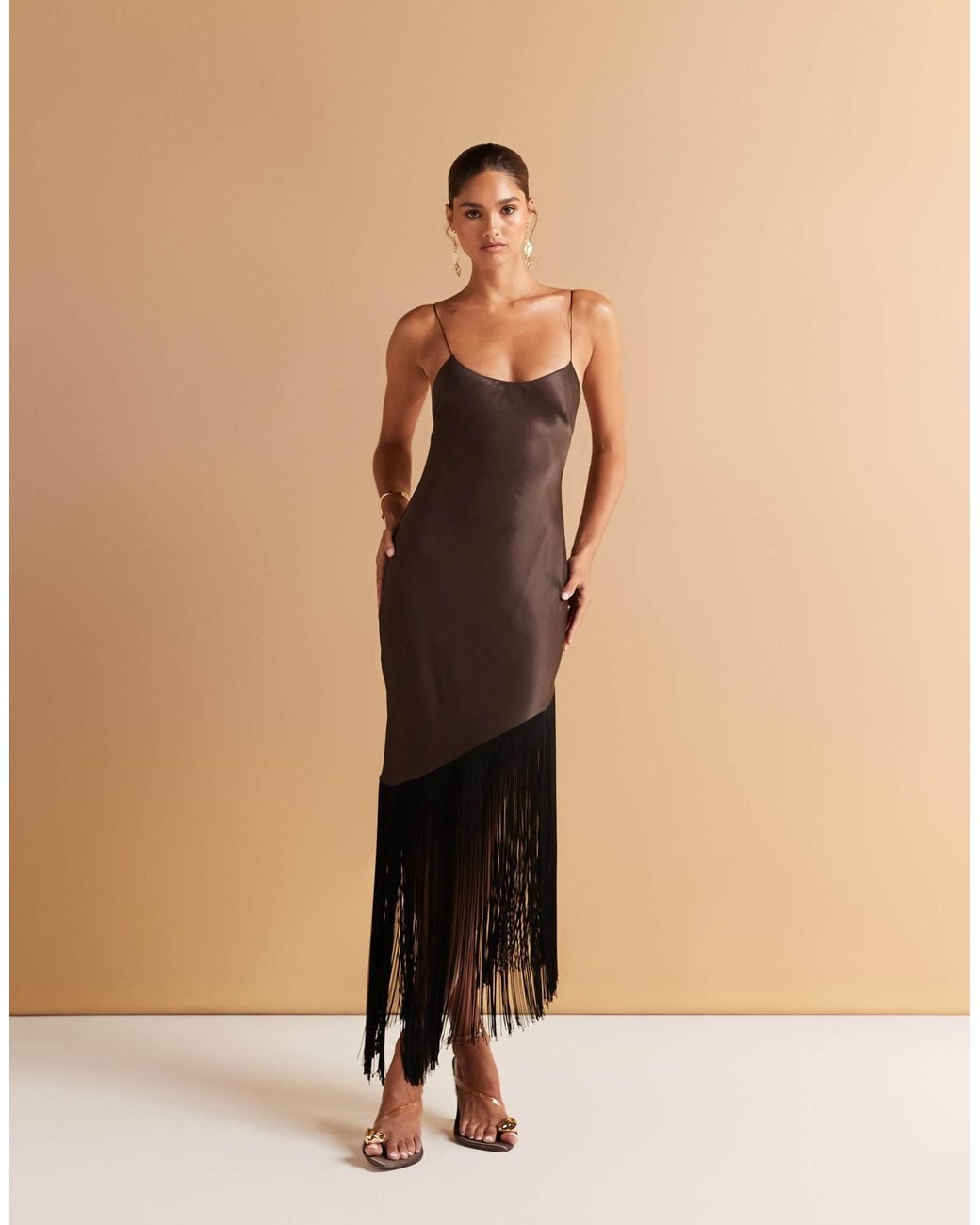 mango scoop neck satin dress with fringed hem in brown Mango Scoop Neck Satin Dress With Fringed Hem in Natural