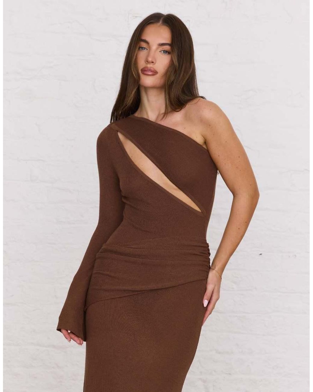 Aria Cove Brown Knit Cut Out One Shoulder Draped Detailing Maxi Dress