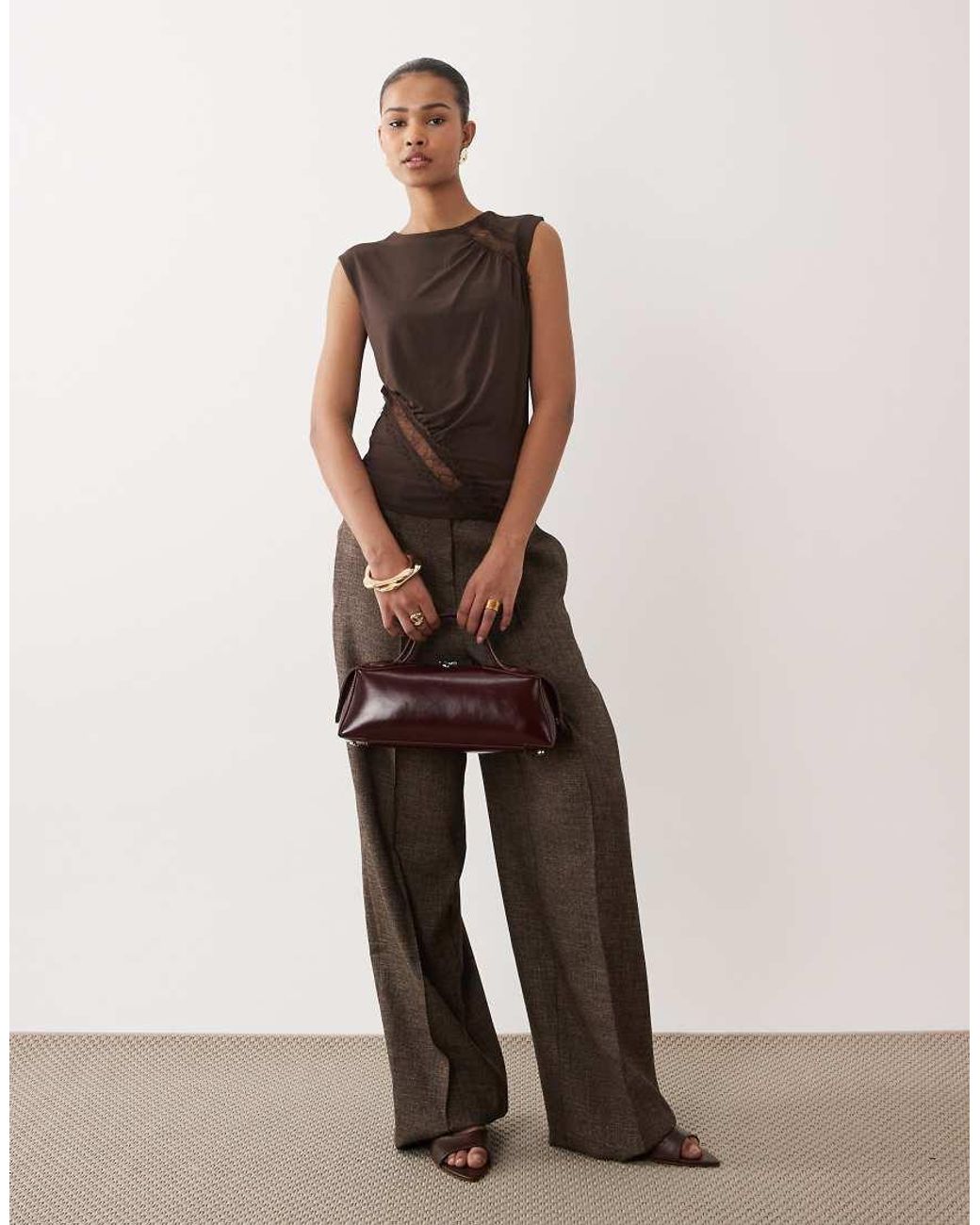 Mango Brown Sheer Lace Detail Sleeveless Top