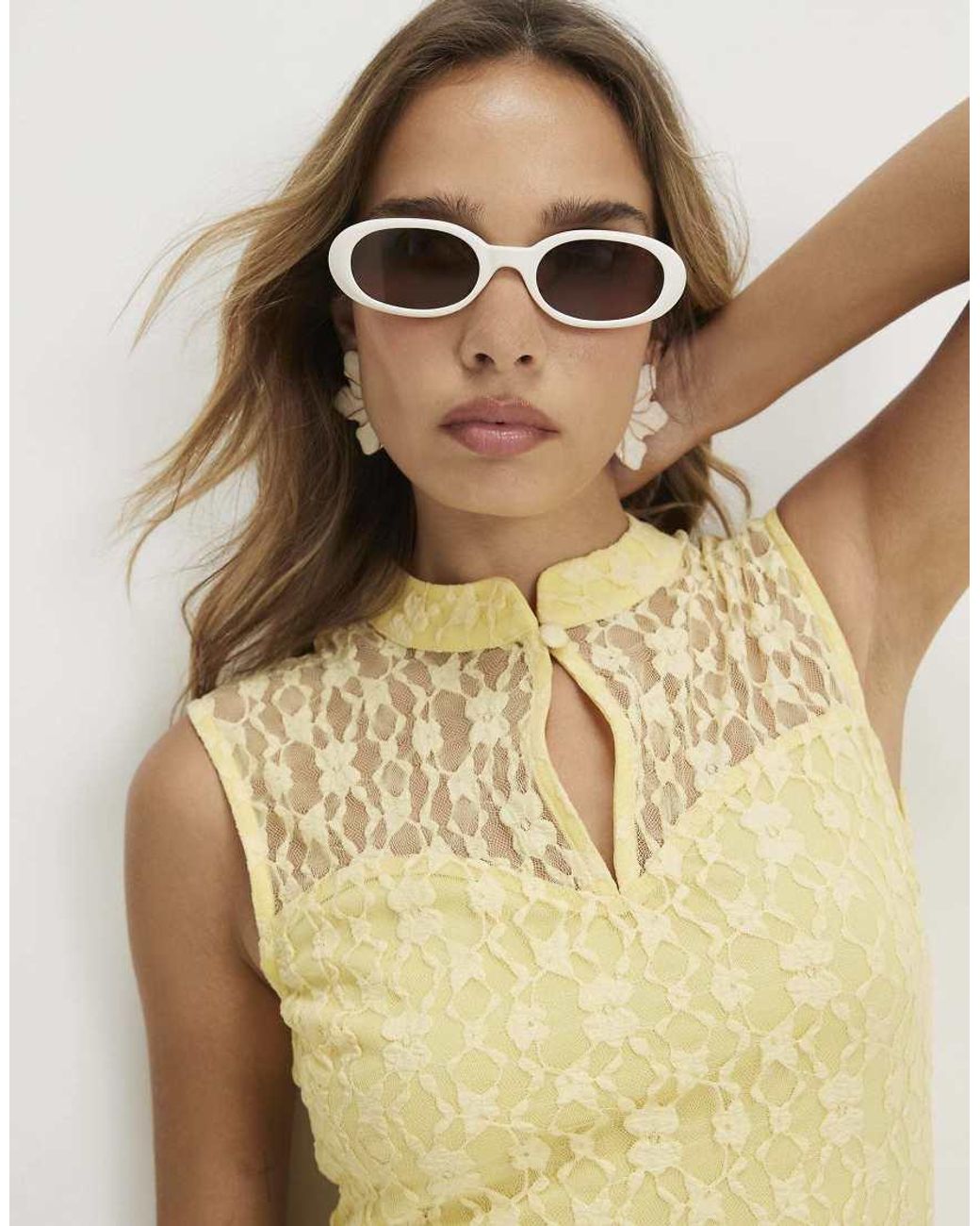 River Island Yellow Lace Stand Up Collar Mini Dress