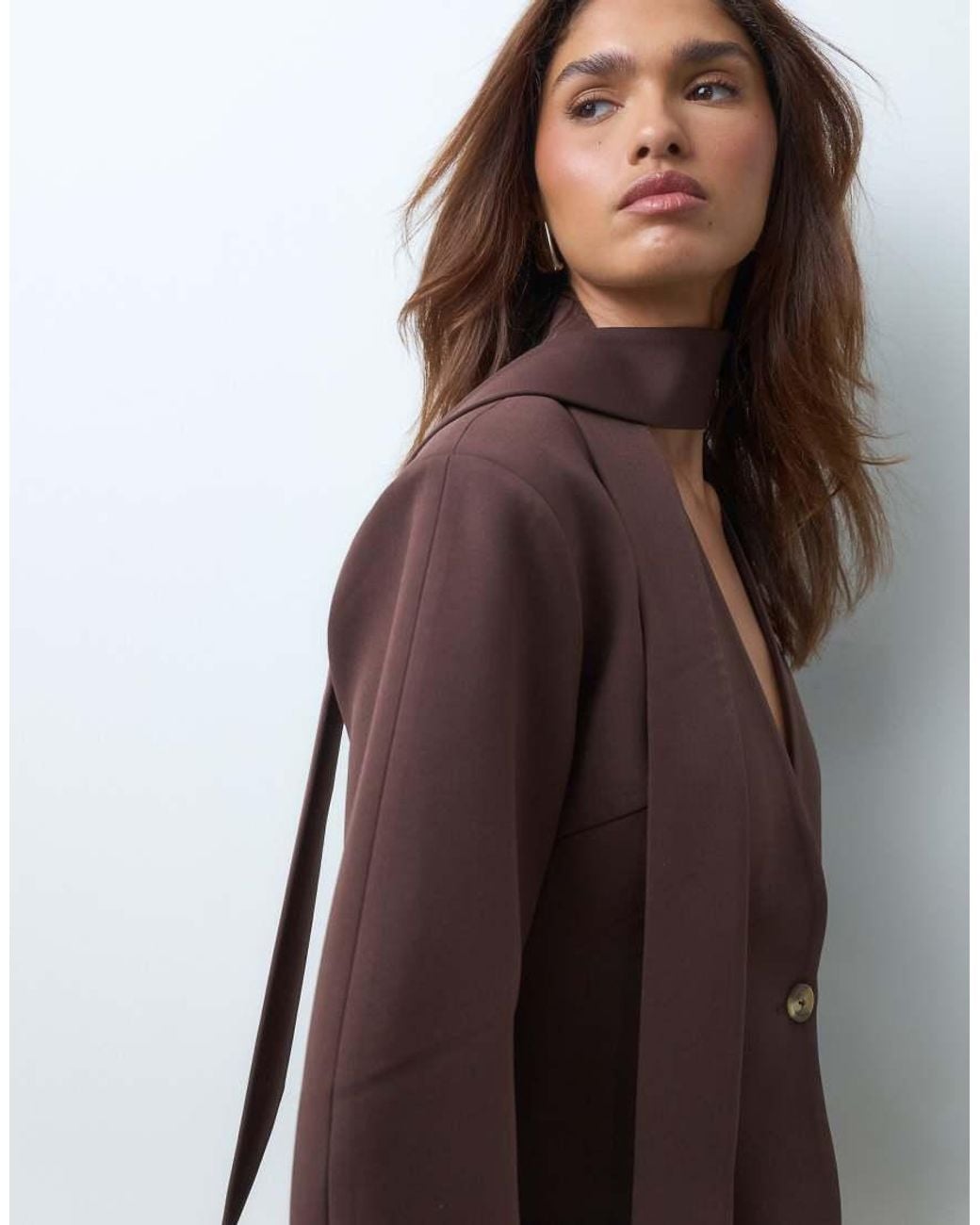 The Frolic Brown Exclusive Scarf Detail Balloon Sleeve Blazer Set