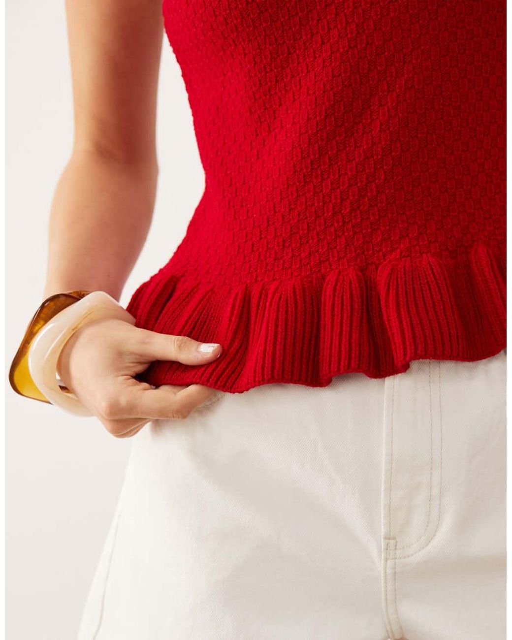 Miss Selfridge Red Knitted Cami Top With Peplum Hem