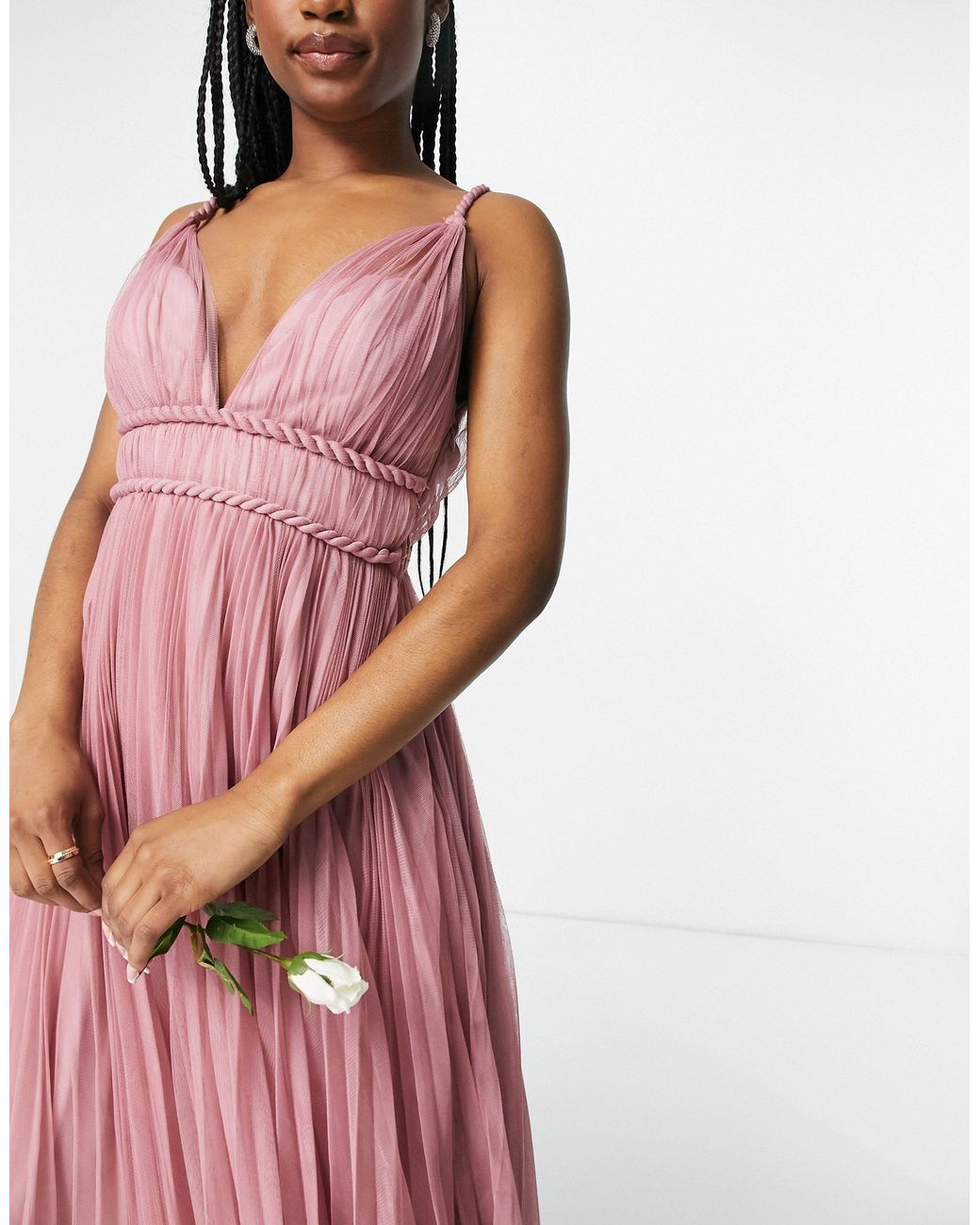 ASOS Belted Pleated Tulle Cami Midi Dress in Pink | Lyst
