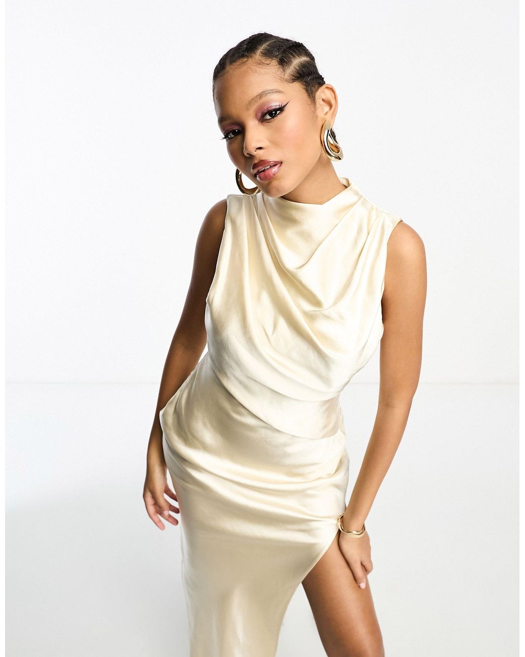 ASOS DESIGN satin high neck drape maxi dress with open back and high split  in champagne