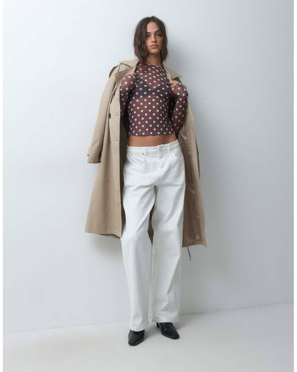 New Look Brown Long Sleeve Slash Neck Mesh Top