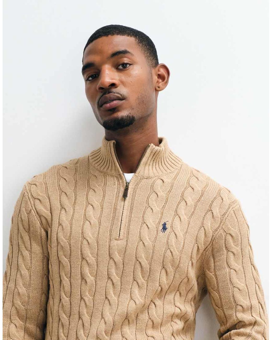 Polo Ralph Lauren Natural Icon Logo Cotton Cable Quarter Zip Sweatshirt for men