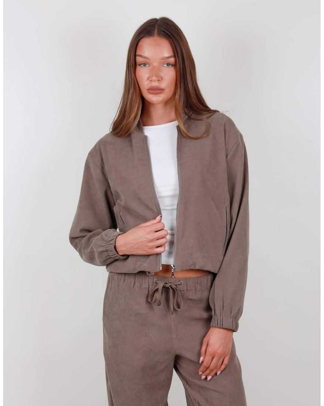 SIMMI Brown Suede Zip Bomber Hoodie