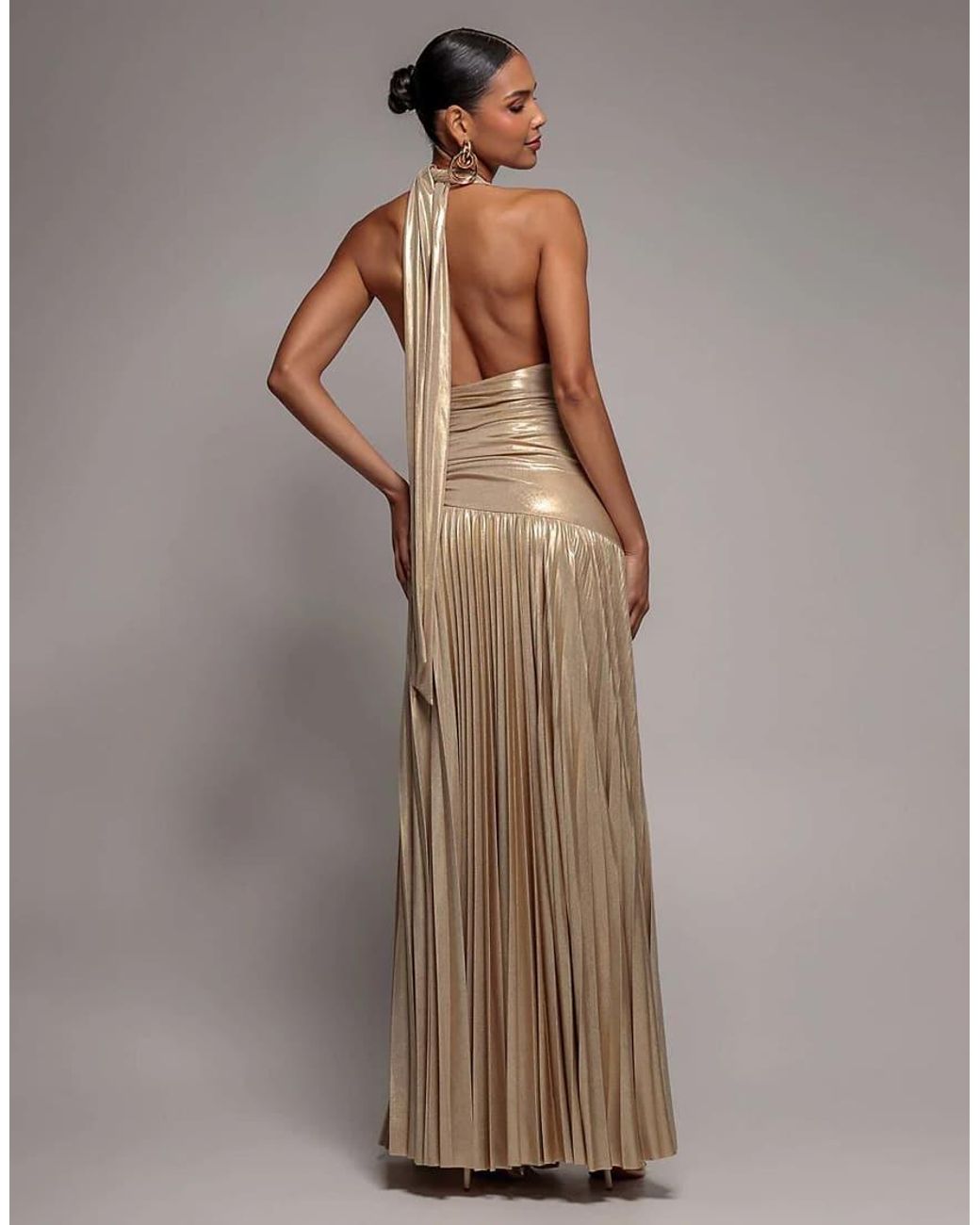 Goddiva Brown Halterneck Empire Waist Gathered Sunrise Foil Maxi Dress