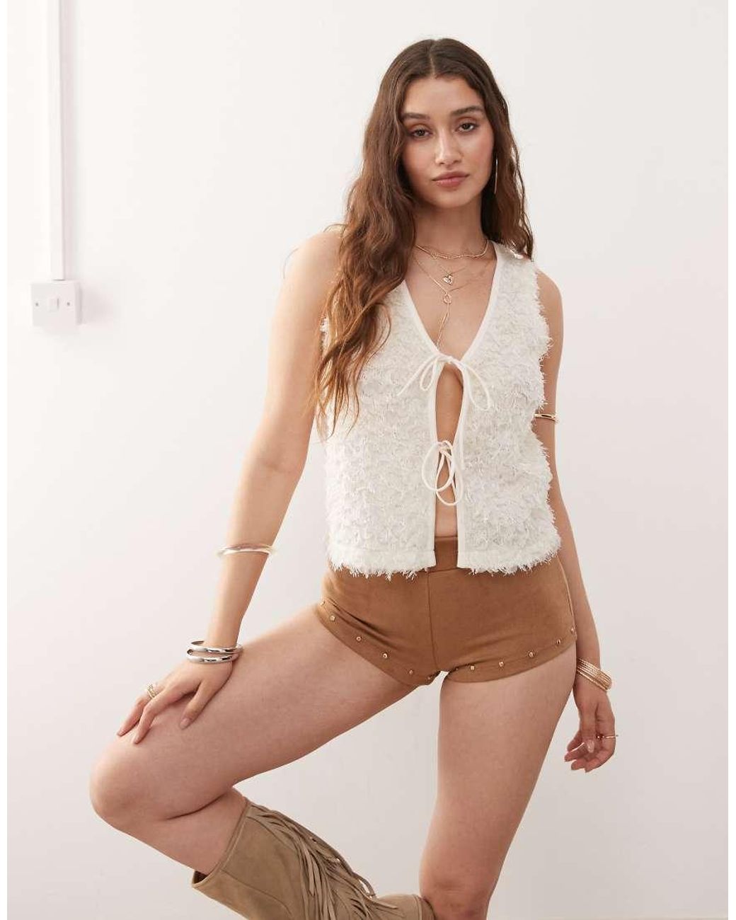 Miss Selfridge Natural Festival Ruffle Tie Front Waistcoat