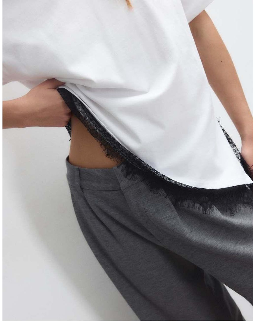 Stradivarius White Short Sleeve T-Shirt With Lace Hem