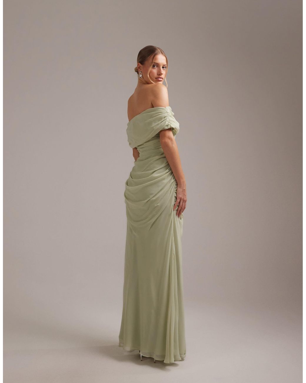 ASOS Bridesmaids Bardot Chiffon Draped Maxi Dress With Fixed Wrap Skirt in Brown