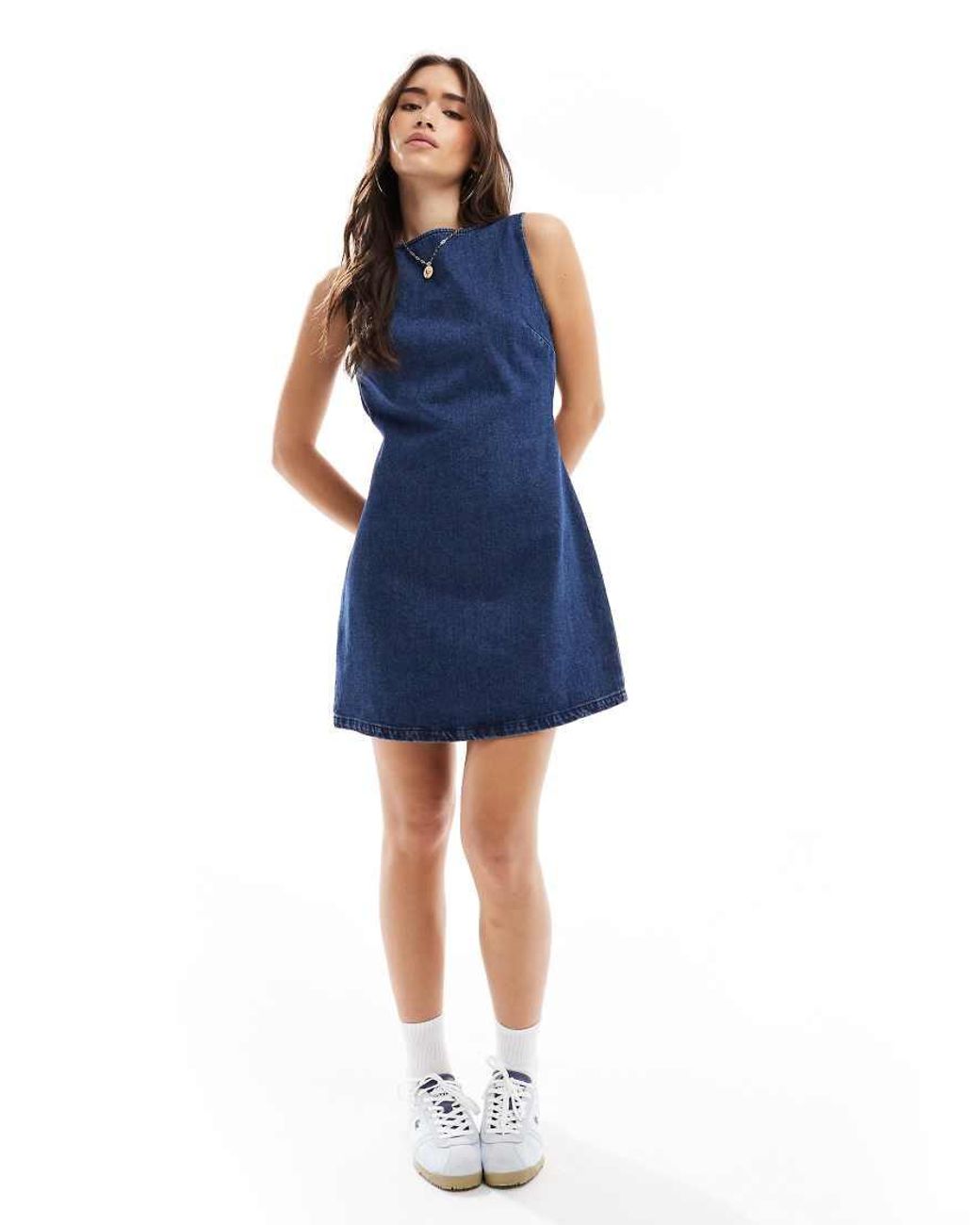 ASOS Blue Slash Neck Denim Shift Dress With Cut Out Back