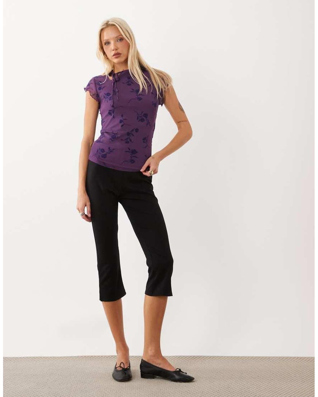 Motel Purple Jiwon Tie Neck Flocked Top
