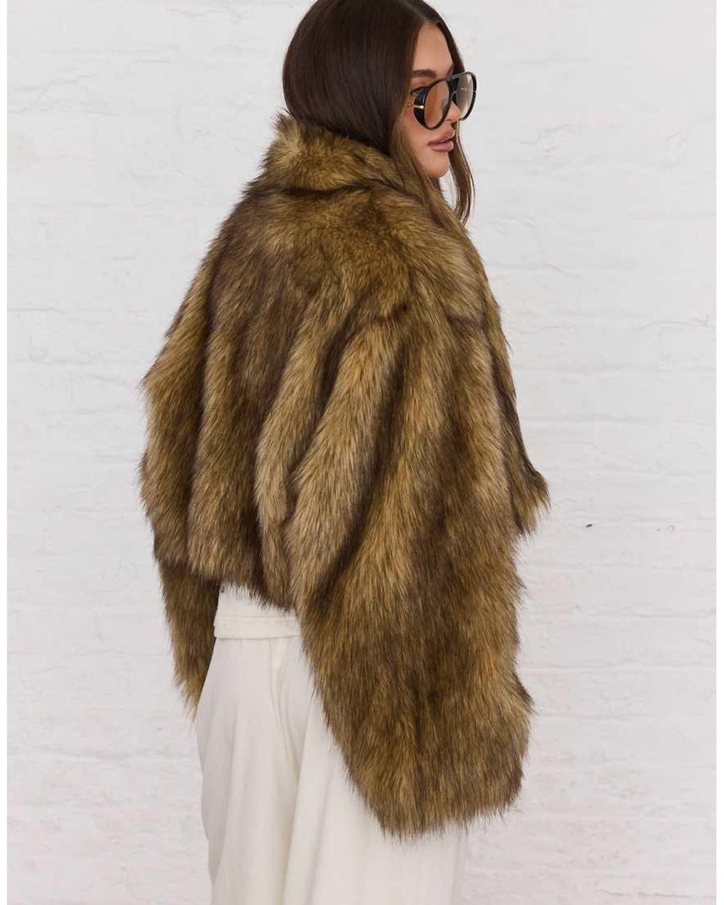 Aria Cove Brown Oversized Cropped Wide Sleeve Faux Fur Jacket