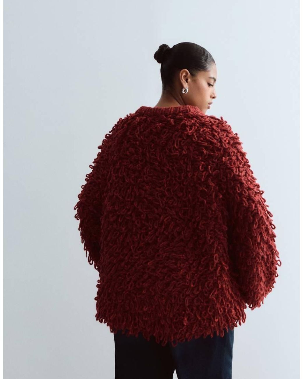 ARRANGE Red Curve Wool Blend Hand Knit Ultimate Loop Fringe Jumper