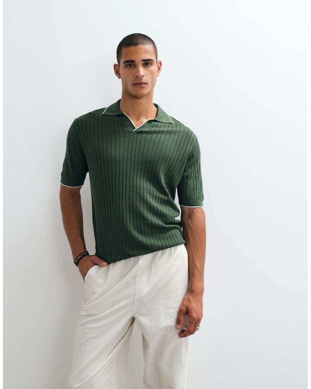 Mango Green Knitted Revere Collar Contrast Tipping Polo Top for men