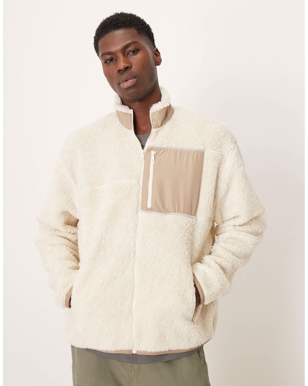 ASOS Natural Relaxed Borg Zip Through Jacket for men