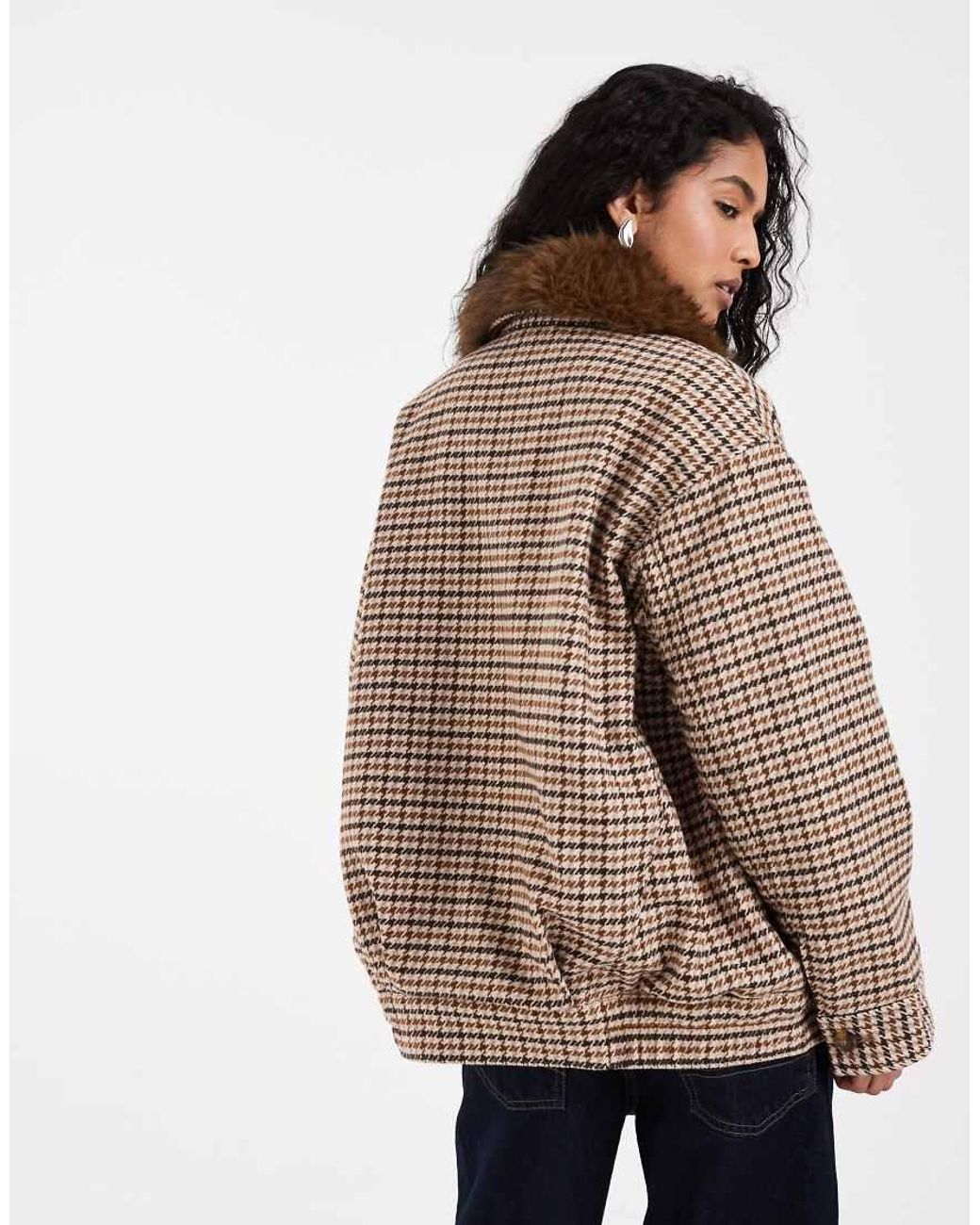 Levi's Brown Billie Oversized Micro Check Bomber Jacket With Fur Collar