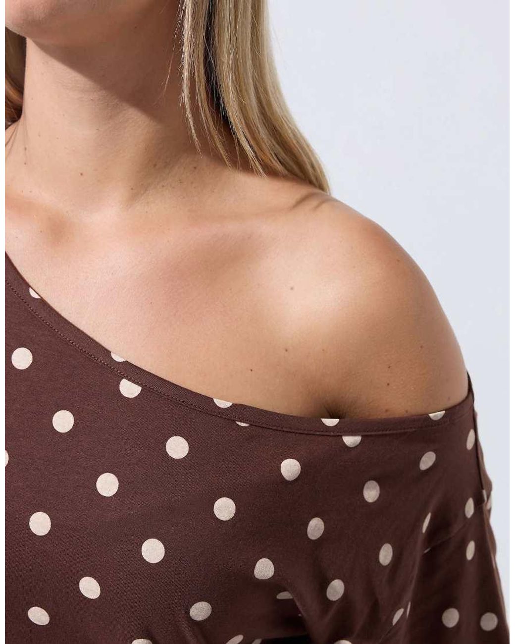 Yours Clothing Brown Polka Dot Off Shoulder T-Shirt