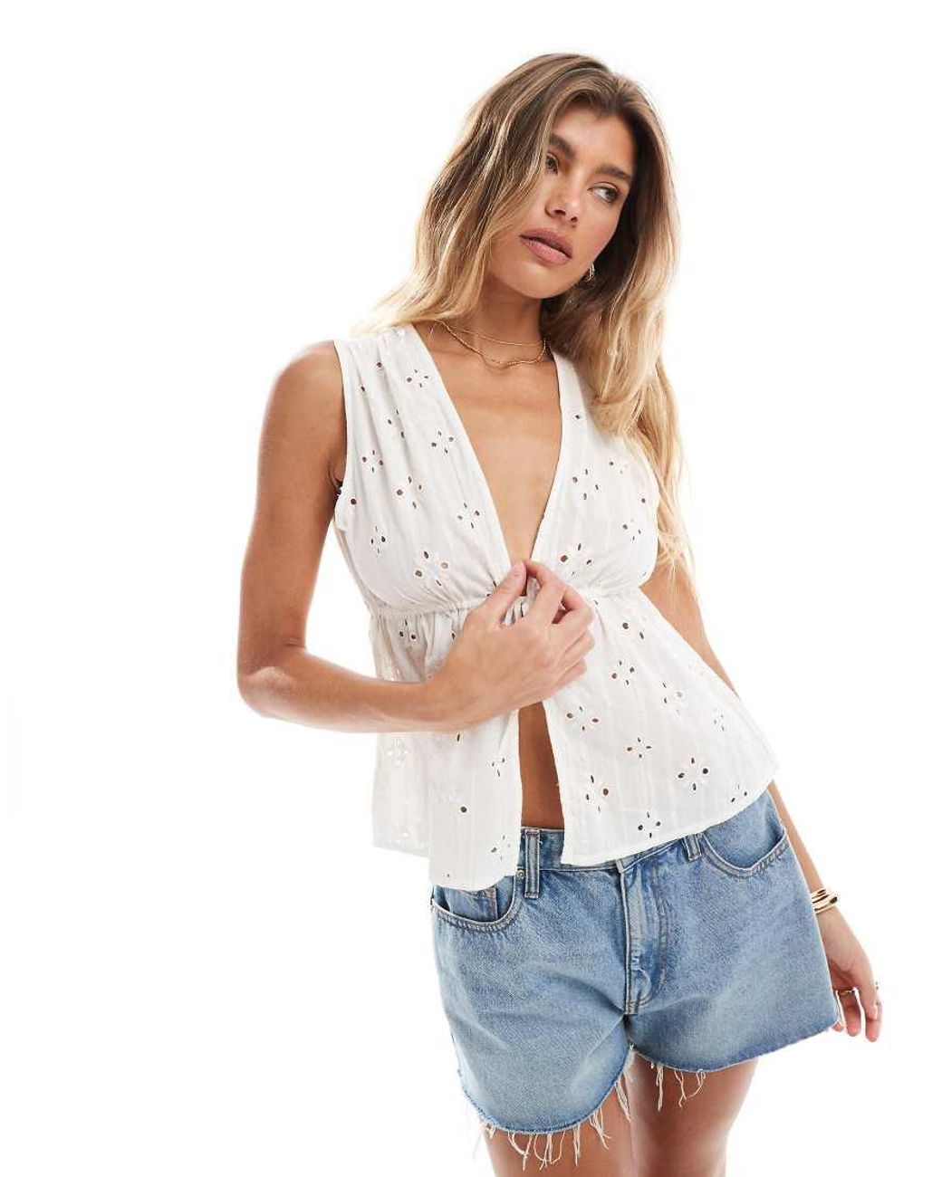 ONLY White Tie Front Embroidery Top
