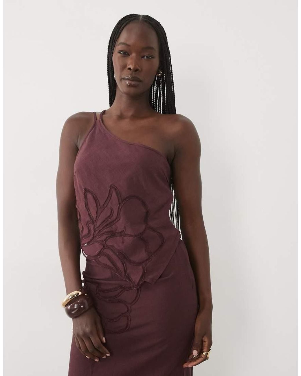 Mango Red Alf Cotton Rich One Shoulder Embroide Top Co-ord