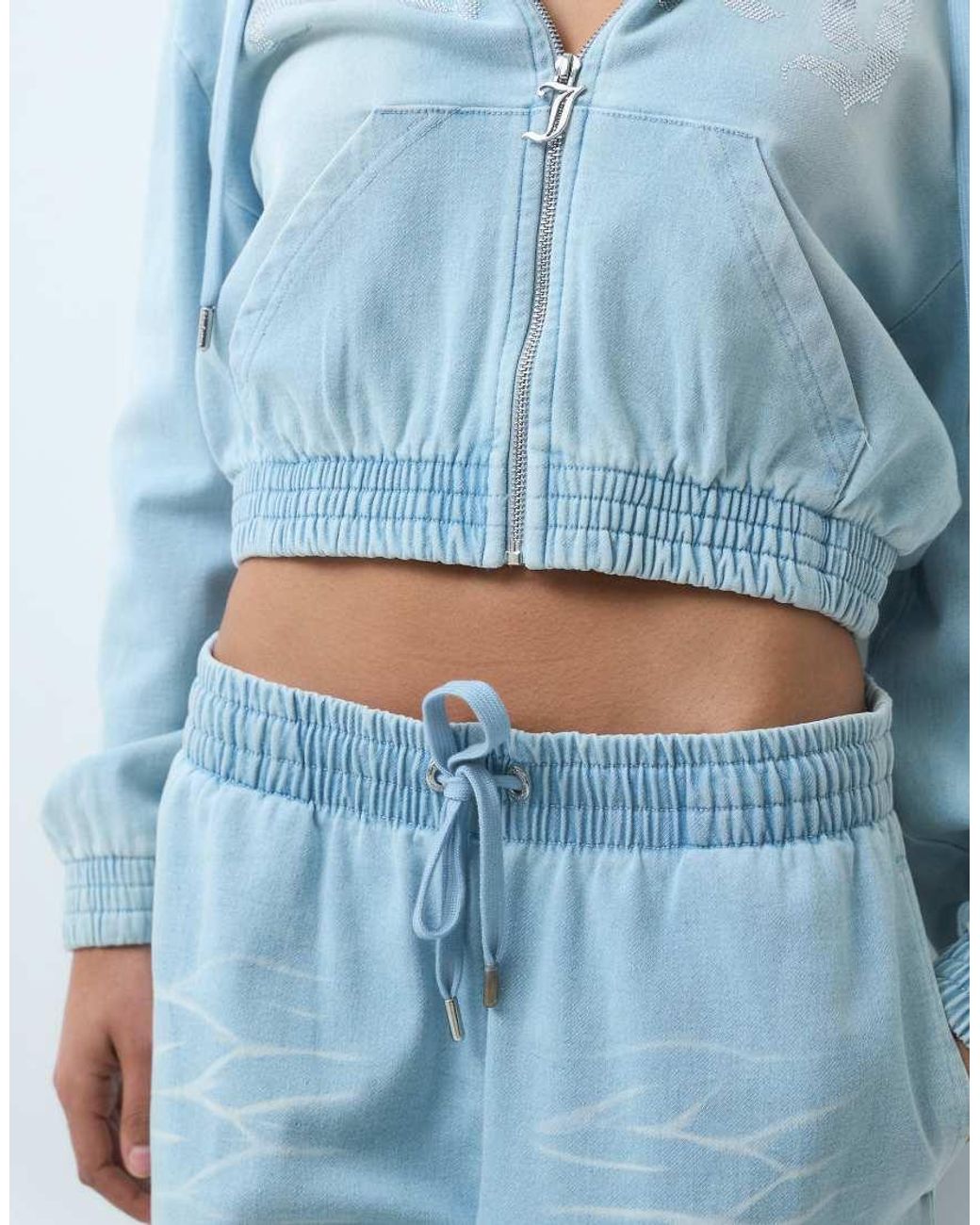 Juicy Couture Blue Annen Washed Diamante Logo Smocked jogger Co-ord