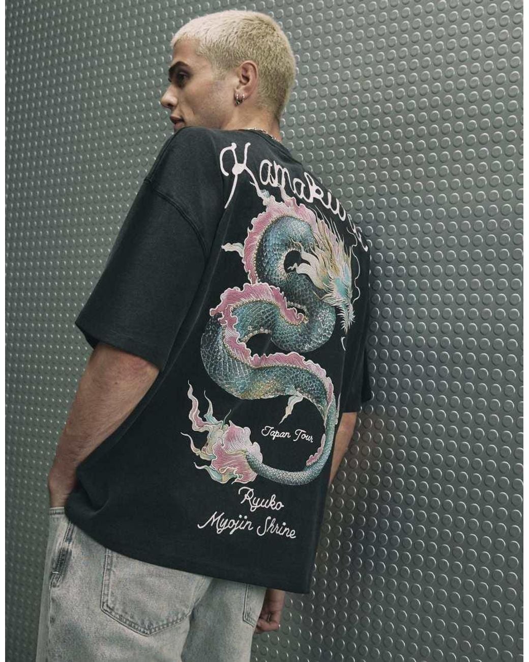 River Island Gray Cotton Washed Dragon T-Shirt for men