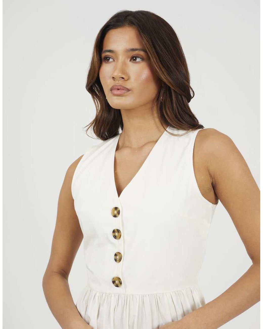 Brave Soul White Sleeveless V-Neck Button Down Midi Dress
