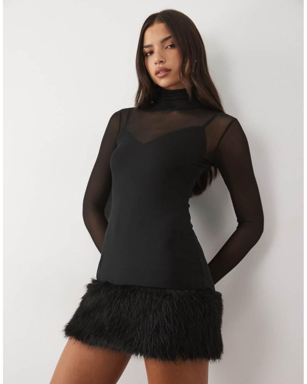AFRM Black Saige Mesh Mini Dress With Fur Hem Detail
